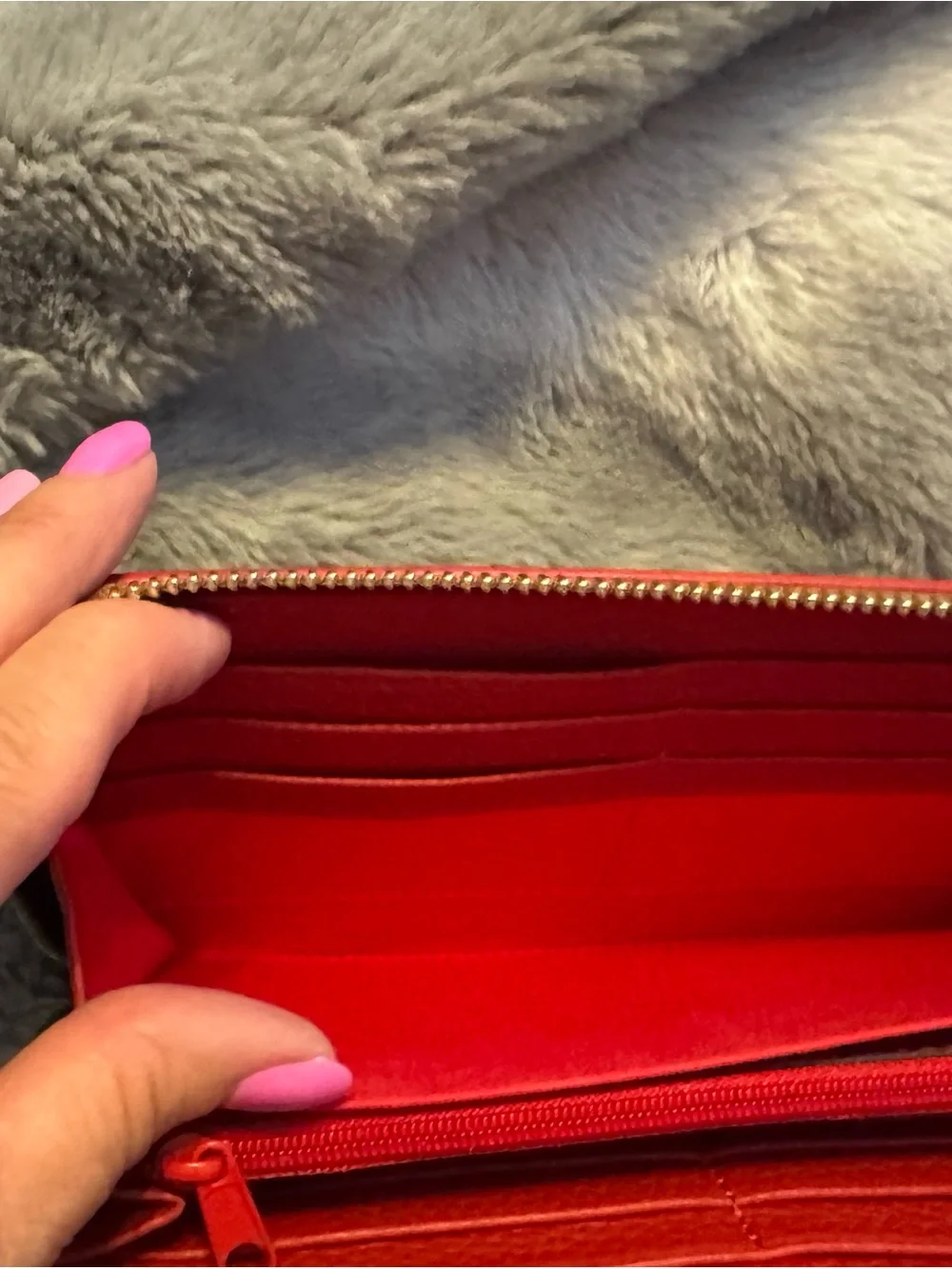 Dooney & Bourke Red Pebbled Leather Medium Zip Wristlet with Tan Strap